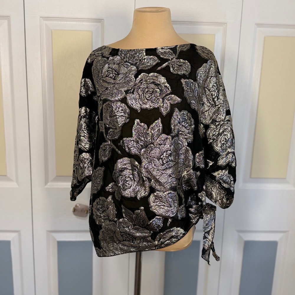 Teddi of California Vintage Silver Metallic Floral Rose Side Tie Blouse 7325